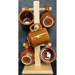 Sturdy Wooden Stand With 6 Reco Restaurant Ware Coffee Mugs Stoneware EUC